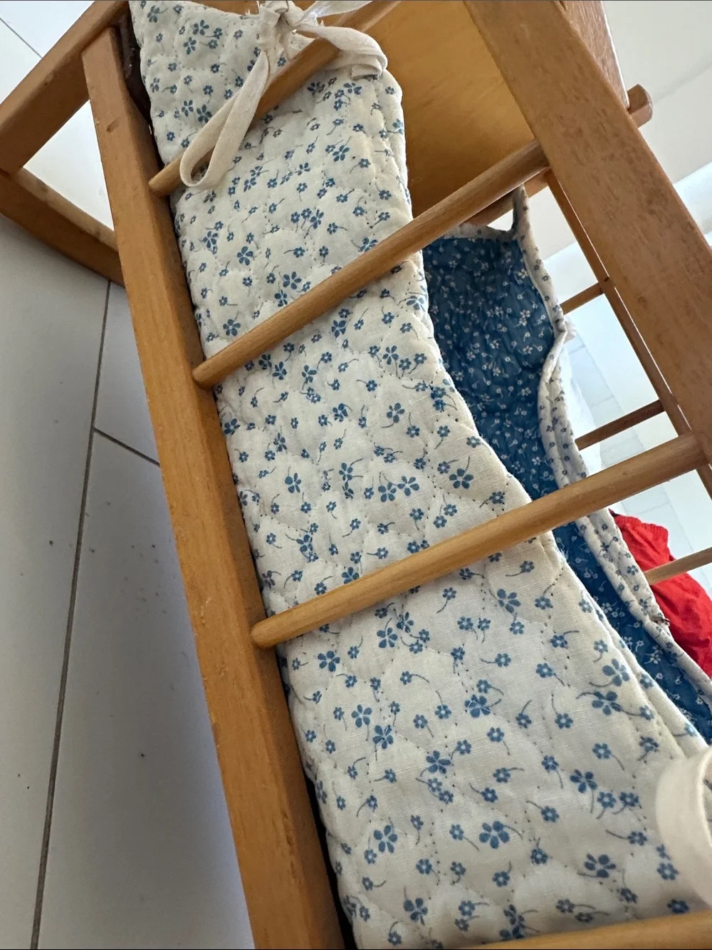 Vintage Blue Floral Crib Liner for Doll Cradle - Blue wooden